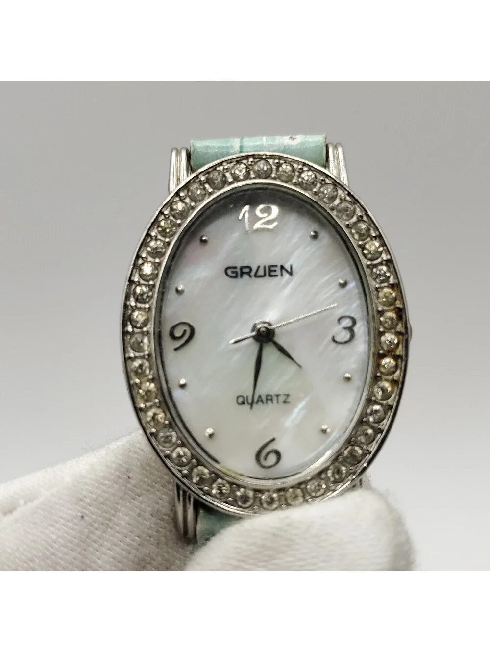 Gruen Rhinestone Bezel MOP Dial Womens Watch 24mm Oval New Battery